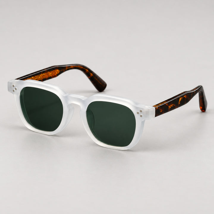 Square sunglasses with clear frame and tortoiseshell temples