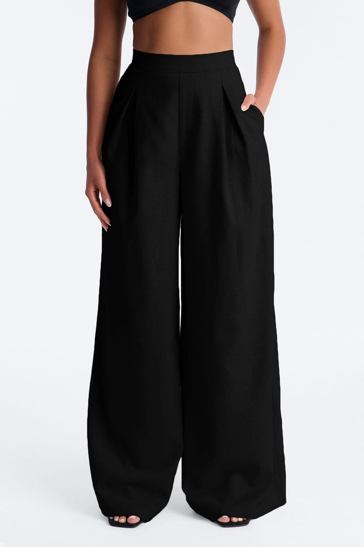 Women's Wide Leg Linen Viscose Pants — Pleated | Yvezi — 2