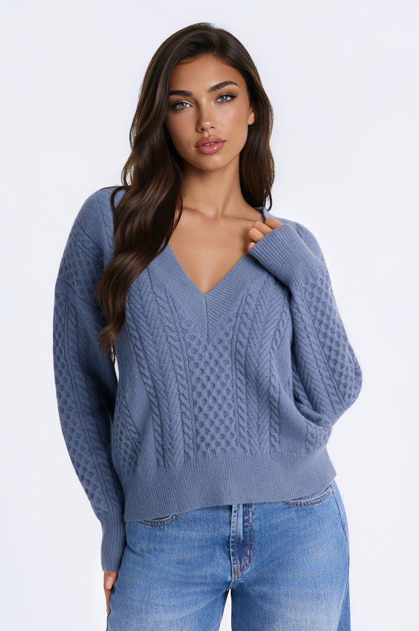 Women's Cable Knit Sweater — Long Sleeve, Ribbed | Yvezi — 1