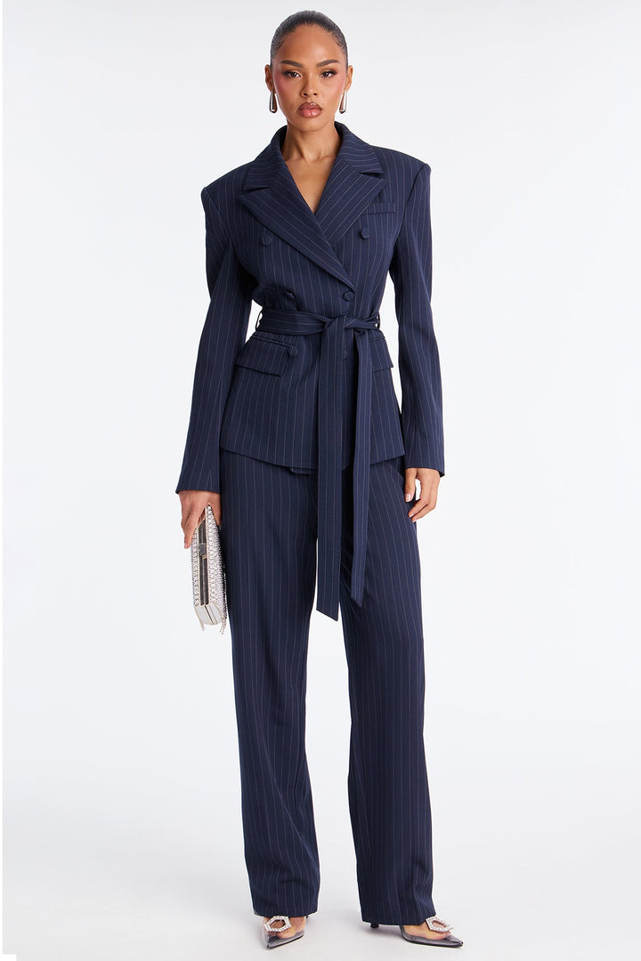 Women's Pinstripe Belted Blazer — Long Sleeve | Yvezi — 1