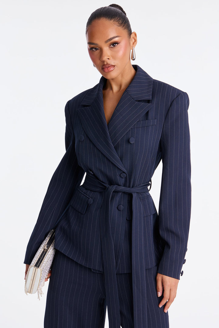 Women's Pinstripe Belted Blazer — Long Sleeve | Yvezi — 2