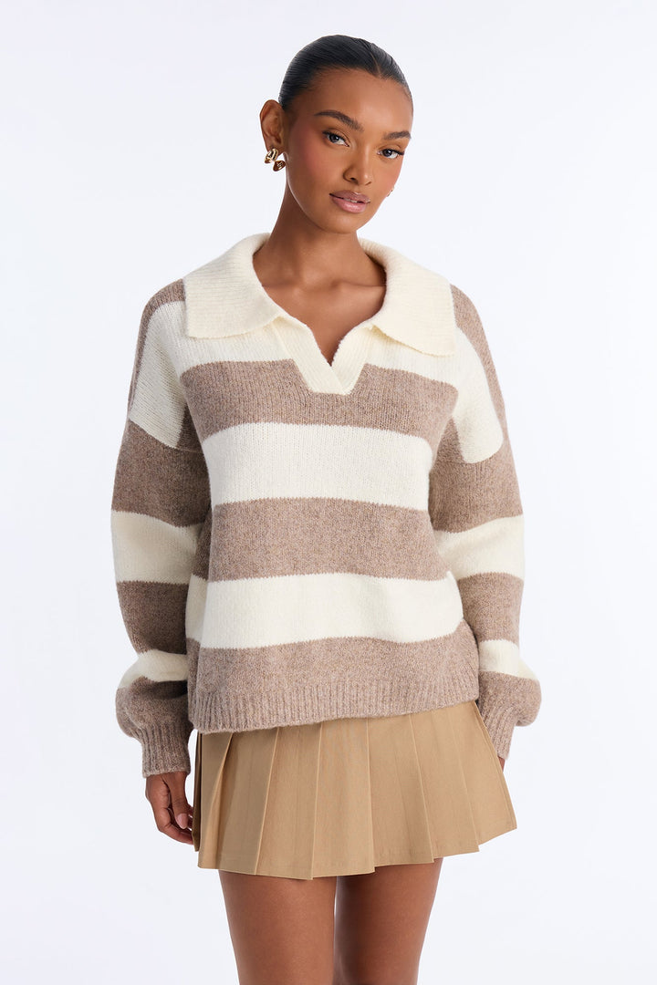 Women's Striped Knit Sweater — Long Sleeve, Collared | Yvezi — 1