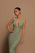 Celeste | Women's Glitter Halter Neck Fitted Maxi Party Dress — view 1