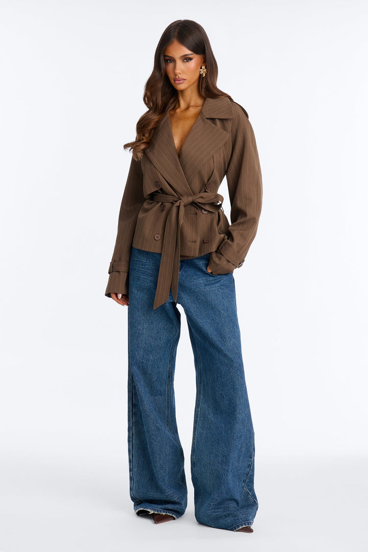 Women's Pinstripe Belted Jacket | Yvezi — 1