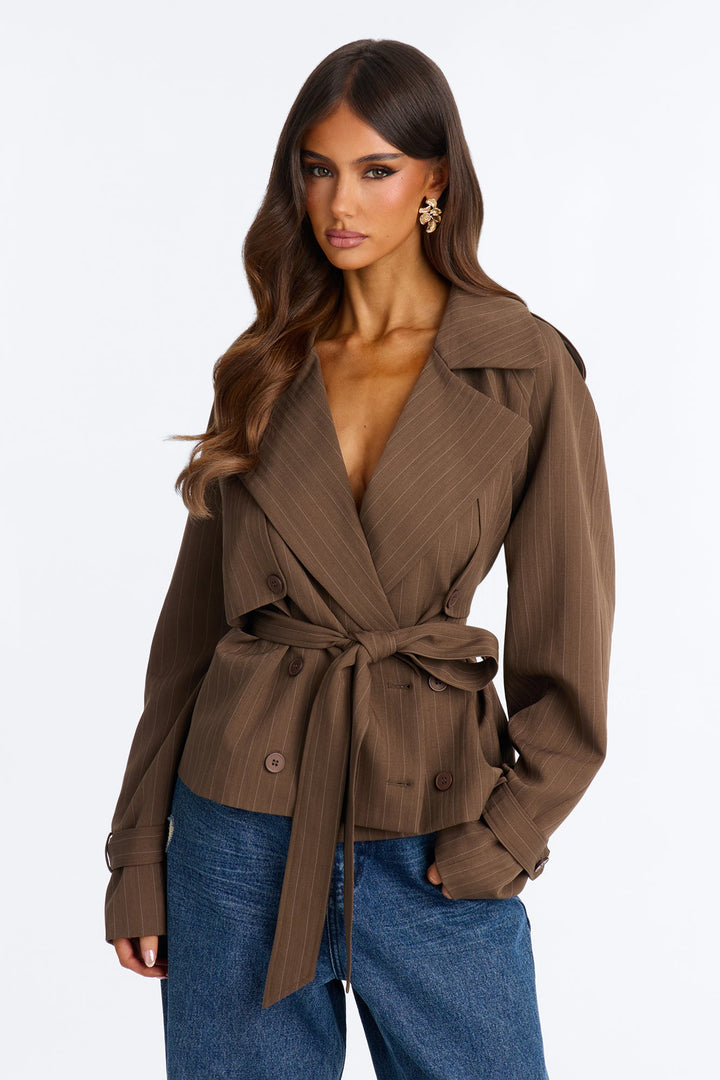 Women's Pinstripe Belted Jacket | Yvezi — 2