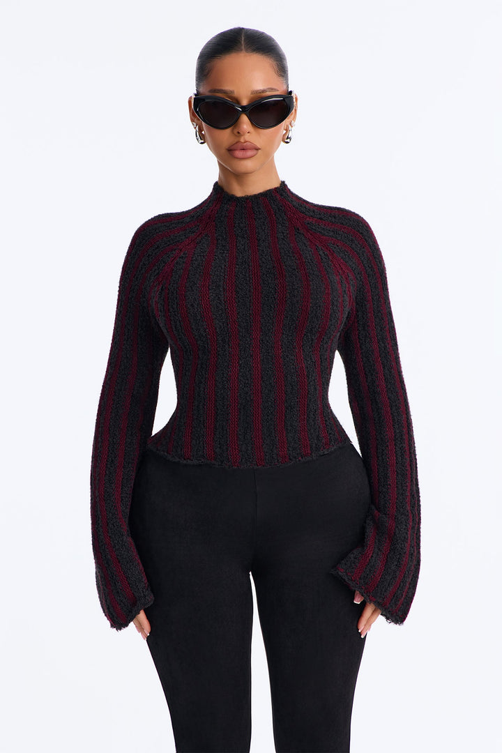 Women's Striped Knit Sweater — Long Sleeve, Mock Neck | Yvezi — 1