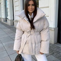Women's Puffer Jacket with Tie Belt & High Collar | Oversized — view 1