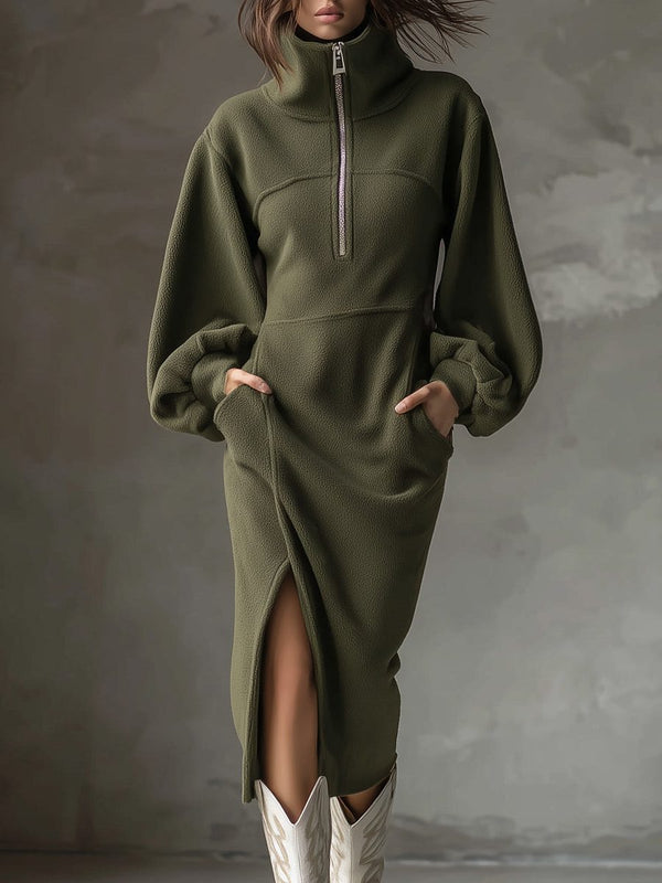 Minka | Women's Fleece Half-Zip Midi Dress with Lantern Sleeves — view 1
