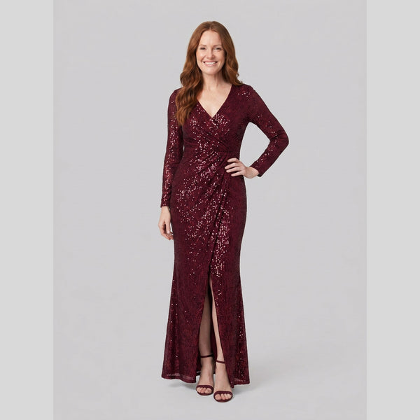 Women's Burgundy Sequin Long-Sleeve Christmas Party Gown — view 1