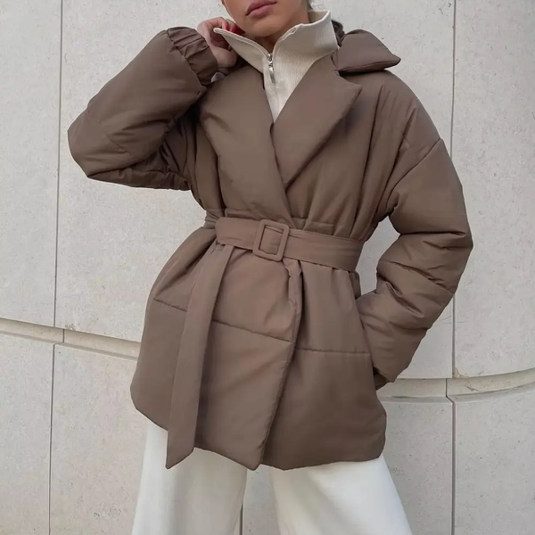 Women's Belted Winter Puffer Jacket with Cinched Waist — view 1