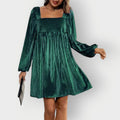 Adalyn | Women's Pleated Velvet Square-Neck Bishop Sleeve Mini Dress — view 1