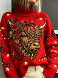 Lowenna | Women's Highland Cow Christmas Jumper – Red Roll Neck — view 1