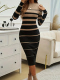 Women's Striped Ribbed Knit Long Sleeve Midi Dress — view 1