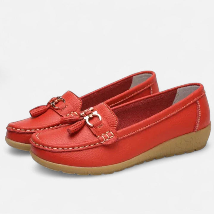 Comfortable Shoes for Women – Buckle Loafers — Red
