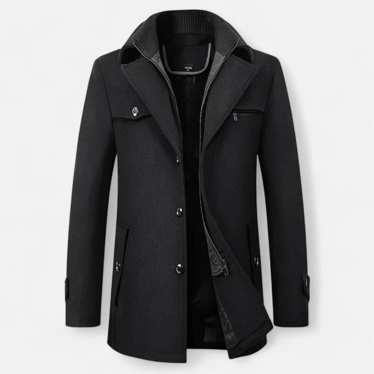 Men's Trench Coat Double Collar Zipped — Black