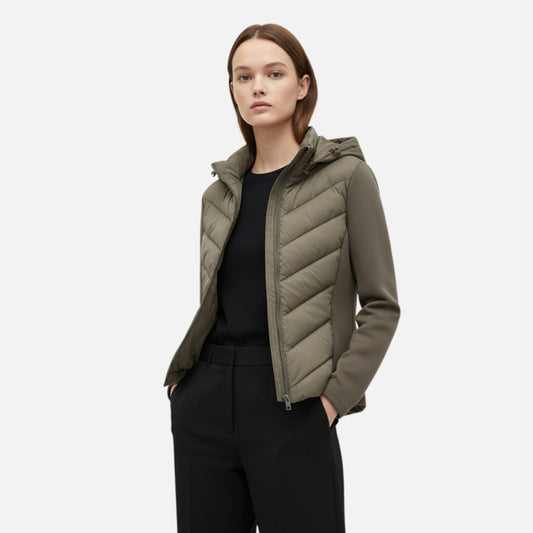Women's Patchwork Hooded Down Jacket — Olive Green