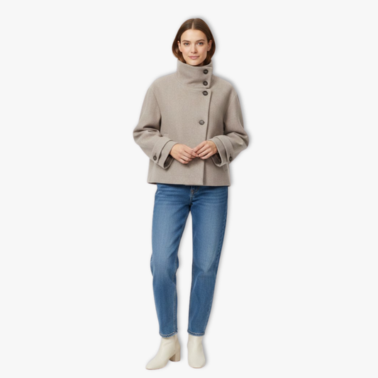 Women's Loose Coat – Long Sleeves, Buckle and Stand-Up Collar — Light Khaki