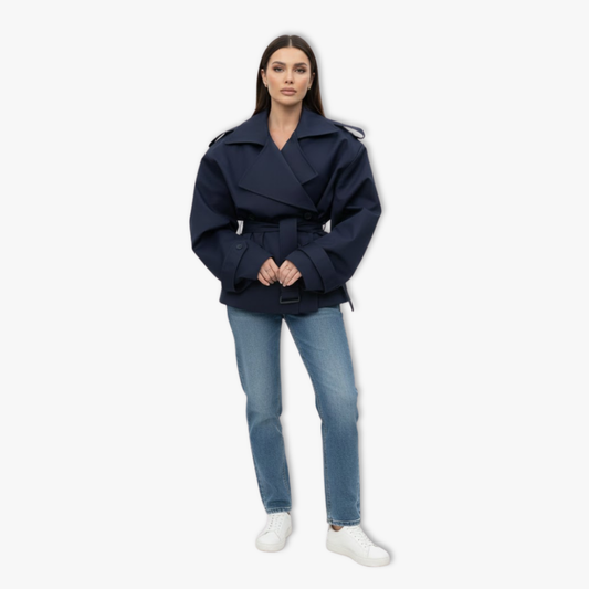 Women's Lace-Up Trench Coat – Lapels and Long Sleeves — Dark Blue