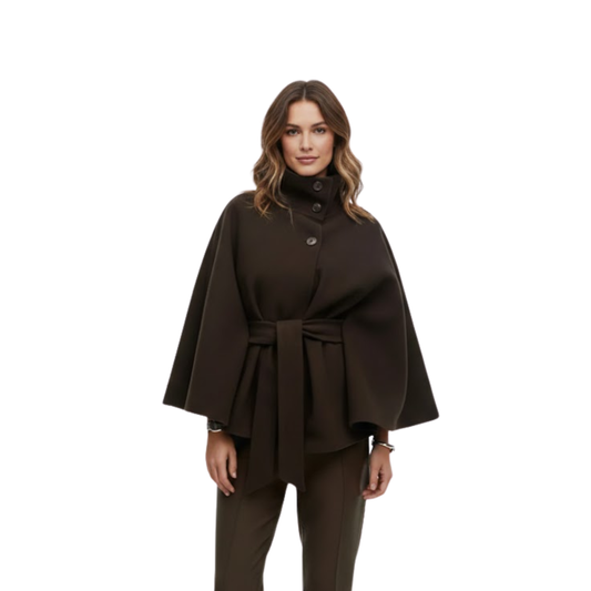 Structured cape coat with belt and standing collar — Coffee