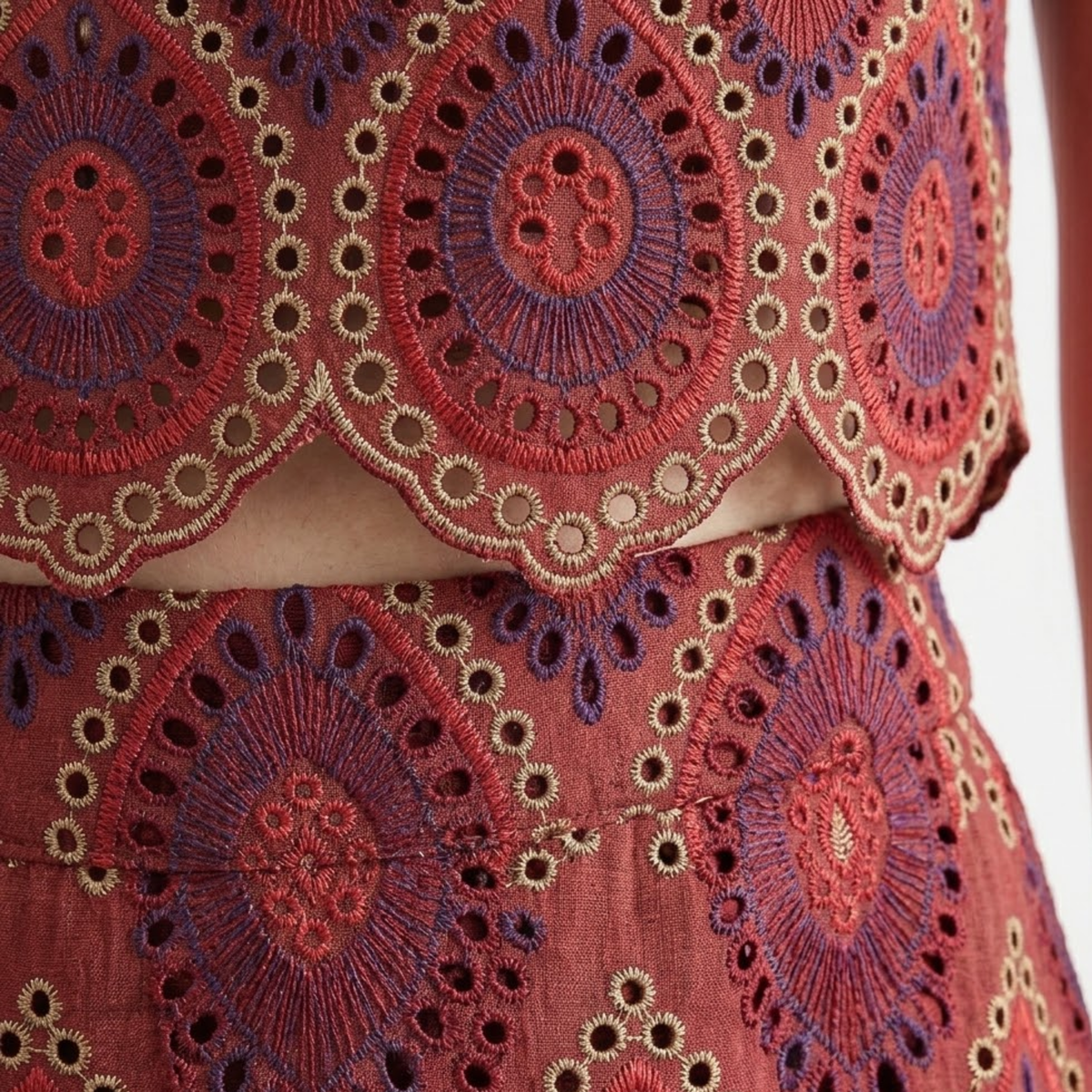 Two-Piece Women's Set with Sleeveless Top and Embroidered Midi Skirt — Burgundy