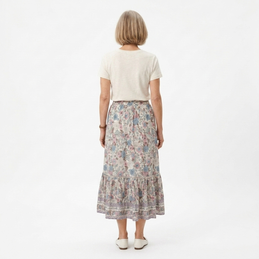 Long floral maxi skirt — high waist with lacing — summer vacation — product view
