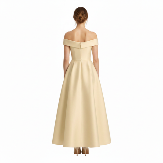 Midi Flared Wedding Guest Dress with Off-Shoulder and Waist Bow — Light Beige