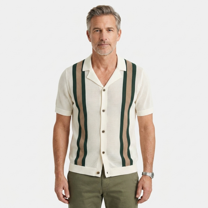 Herren-Strickpolo – vertikale Streifen – Vintage-Strand-Stil — Elfenbein