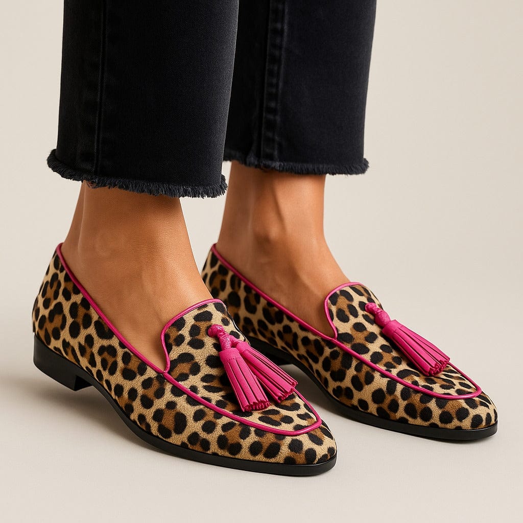 Flat shoes for women - animal print tassel loafers | weekend — Beige/Black/Pink