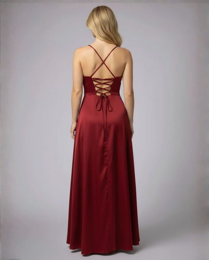Women's long cocktail dress - draped with thin straps - wedding — Red