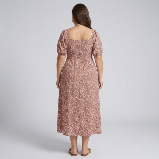 Damenkleid mit Plus-Size-Passform und Puffärmeln — Braun