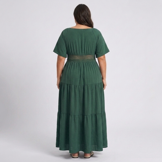 Plus Size Printed Long Dress – Square Neck and Butterfly Sleeves — Dark Green