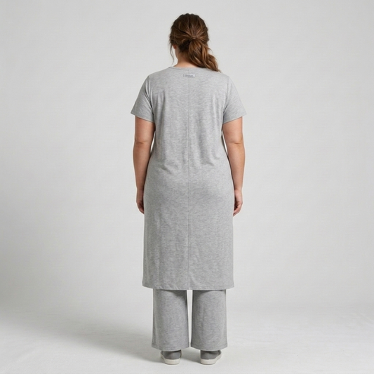 Plus size two-piece set for women with long tunic and loose pants — product view