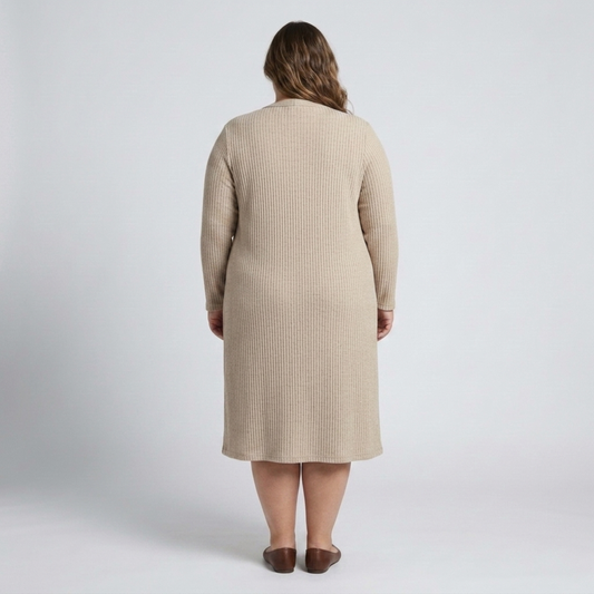 Plus size sleeveless dress and matching long vest in textured knit — product view