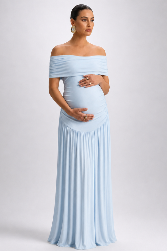 Long Maternity Dress with Off-Shoulder Design for Pregnancy — Light Blue