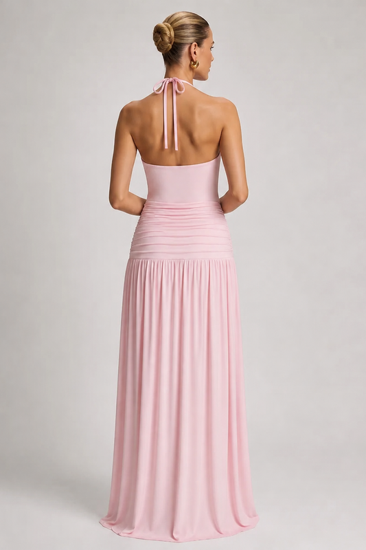 Long Pleated Maternity Dress with Open Back – Halter Neck — Pink