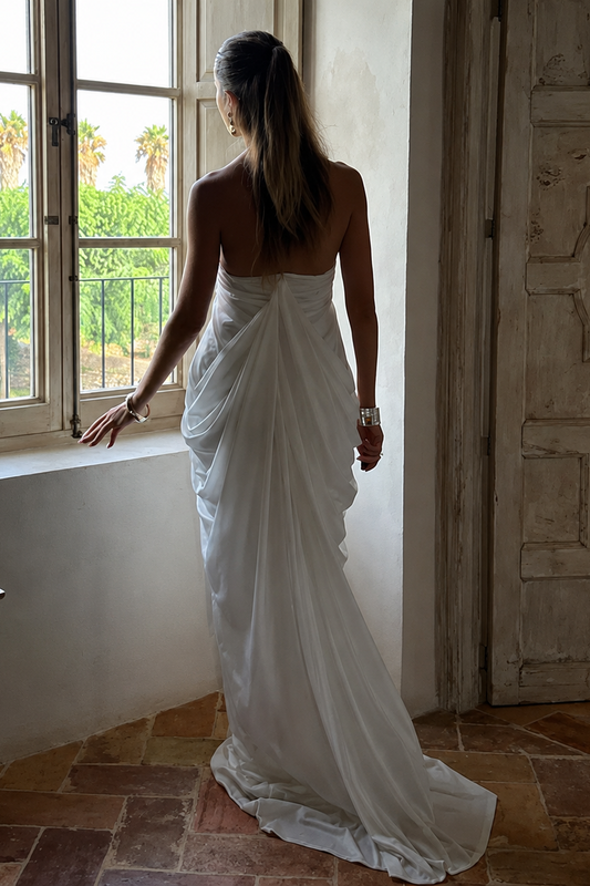 Long Pleated Maternity Dress with Open Back – White — product view