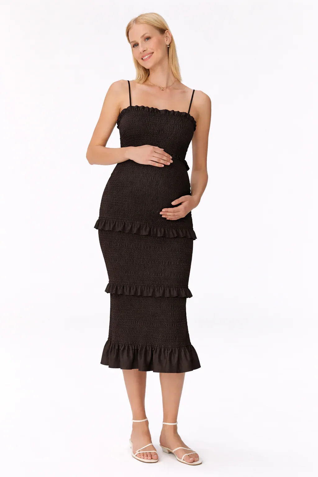 Midi maternity smocked dress with ruffles — Black