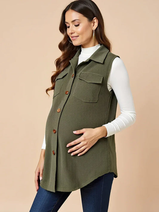 Corduroy Maternity Vest with Buttons — Green