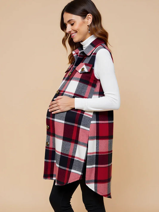 Sleeveless Plaid Maternity Vest — product view
