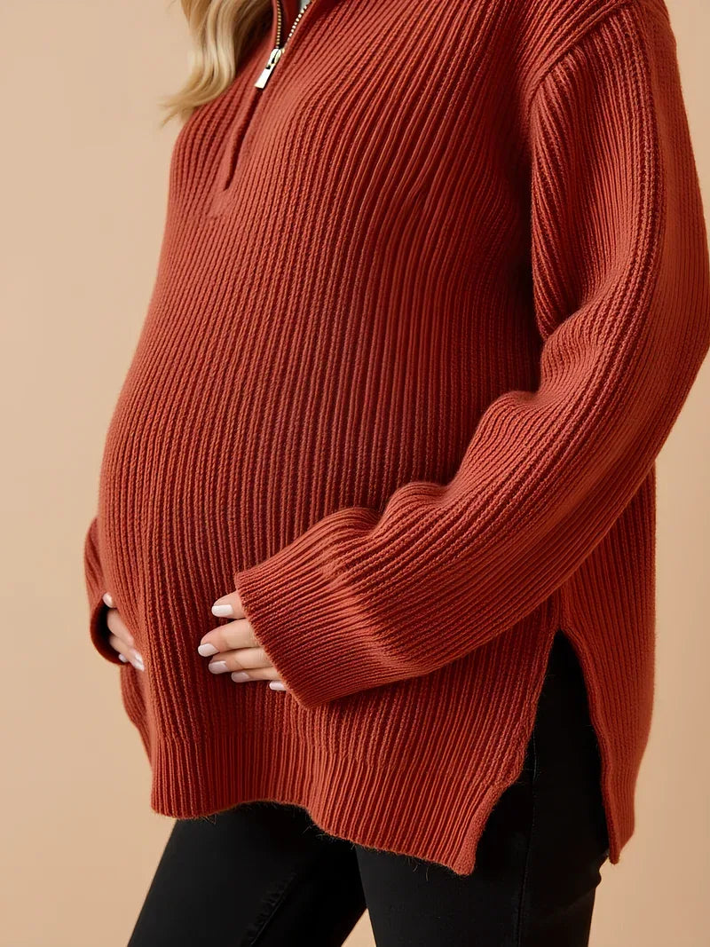 Zipped Maternity Sweater with High Collar — Rust Brown