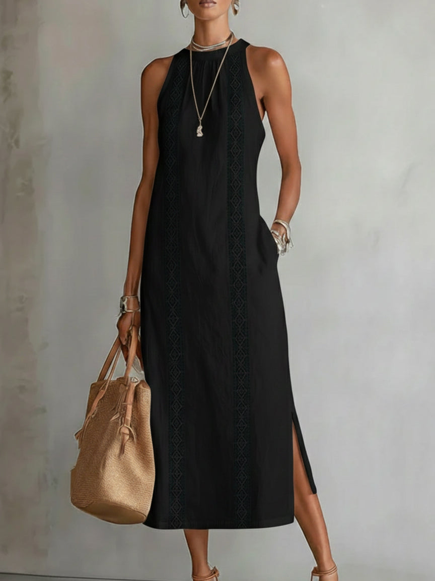 Women's Mid-Length Dress - Embroidered Style, Loose Fit for Summer — Black