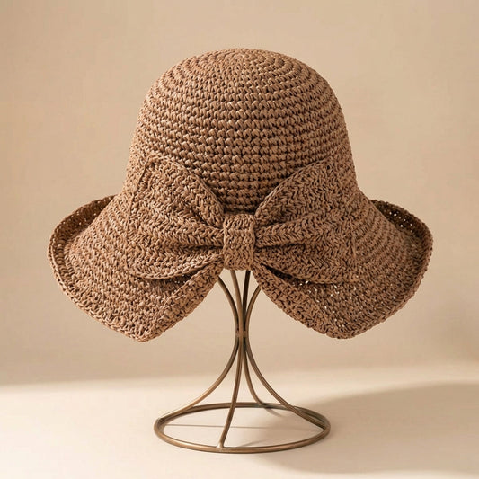 Women's Wide-Brim Straw Hat - Ribbon with Bow - Travel Sun Accessory — Brown