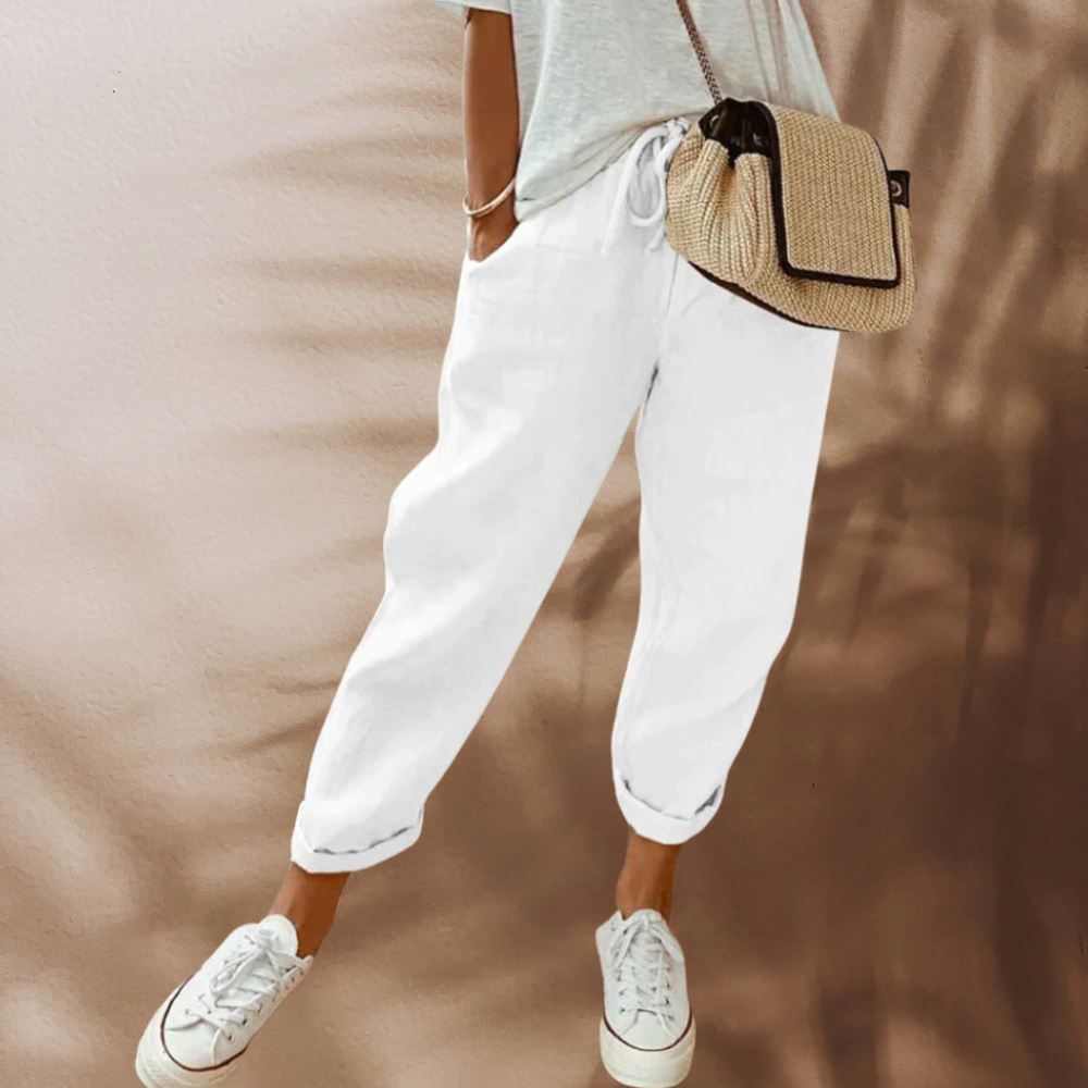 Women's loose pants with elastic waistband drawstring, casual style — White