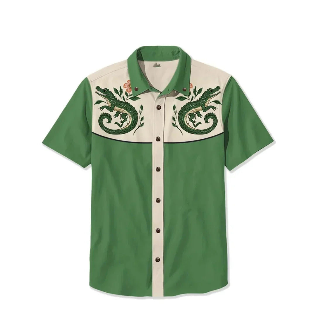 Western Shirt with Embroidered Patterns — Green/Cream
