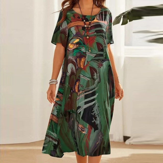 Flared Dress with Patterns — Green
