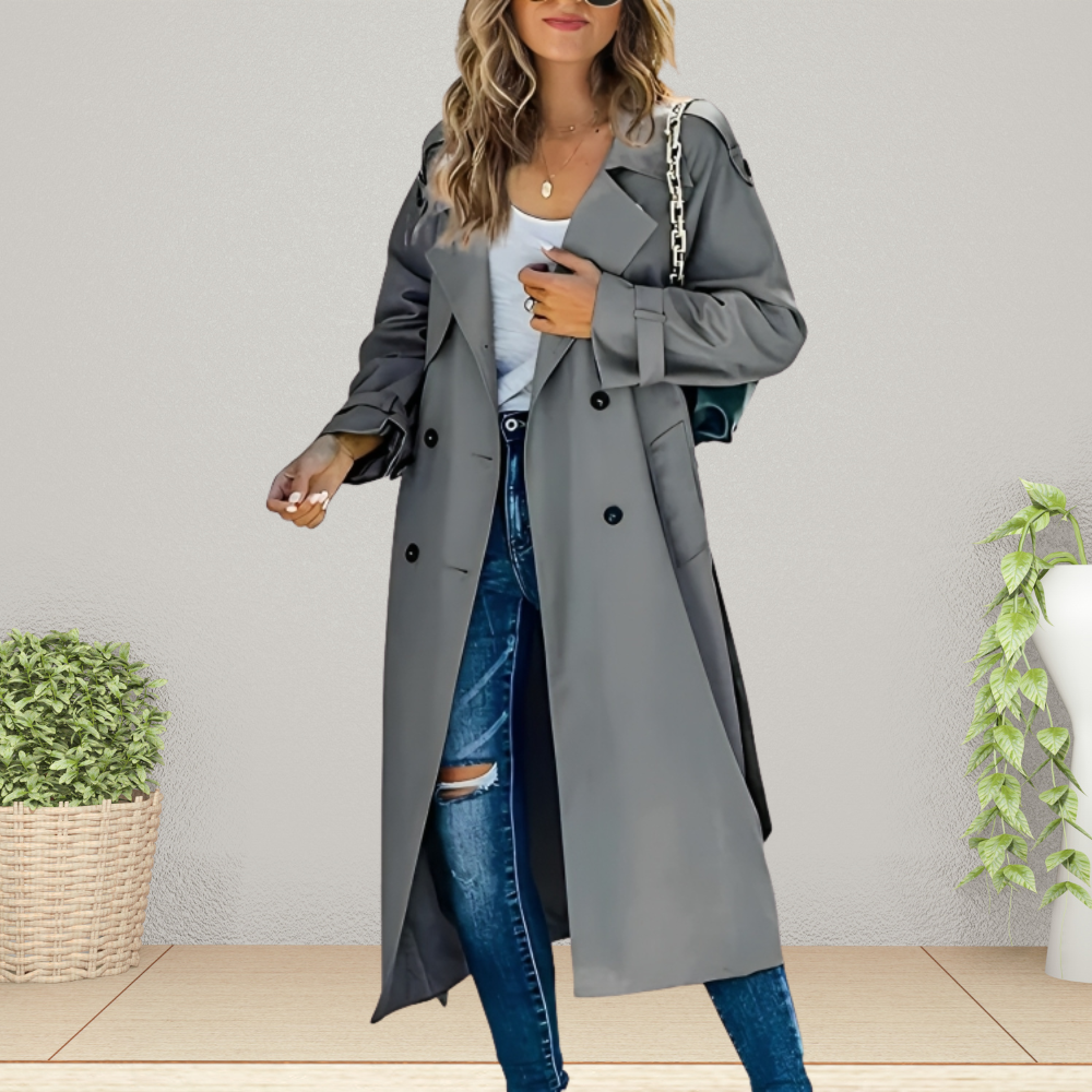 Women's Double-Breasted Trench Coat with Notched Collar — Grey