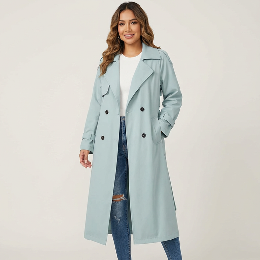 Women's Trench Coat – Notched Collar, Double-Breasted, Long Silhouette — Blue