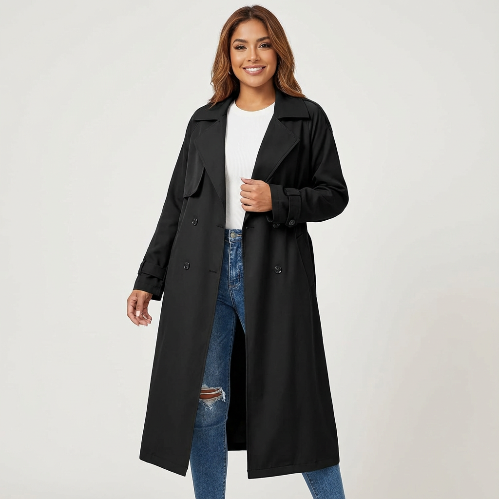 Women's Trench Coat – Notched Collar, Double-Breasted, Long Silhouette — Black