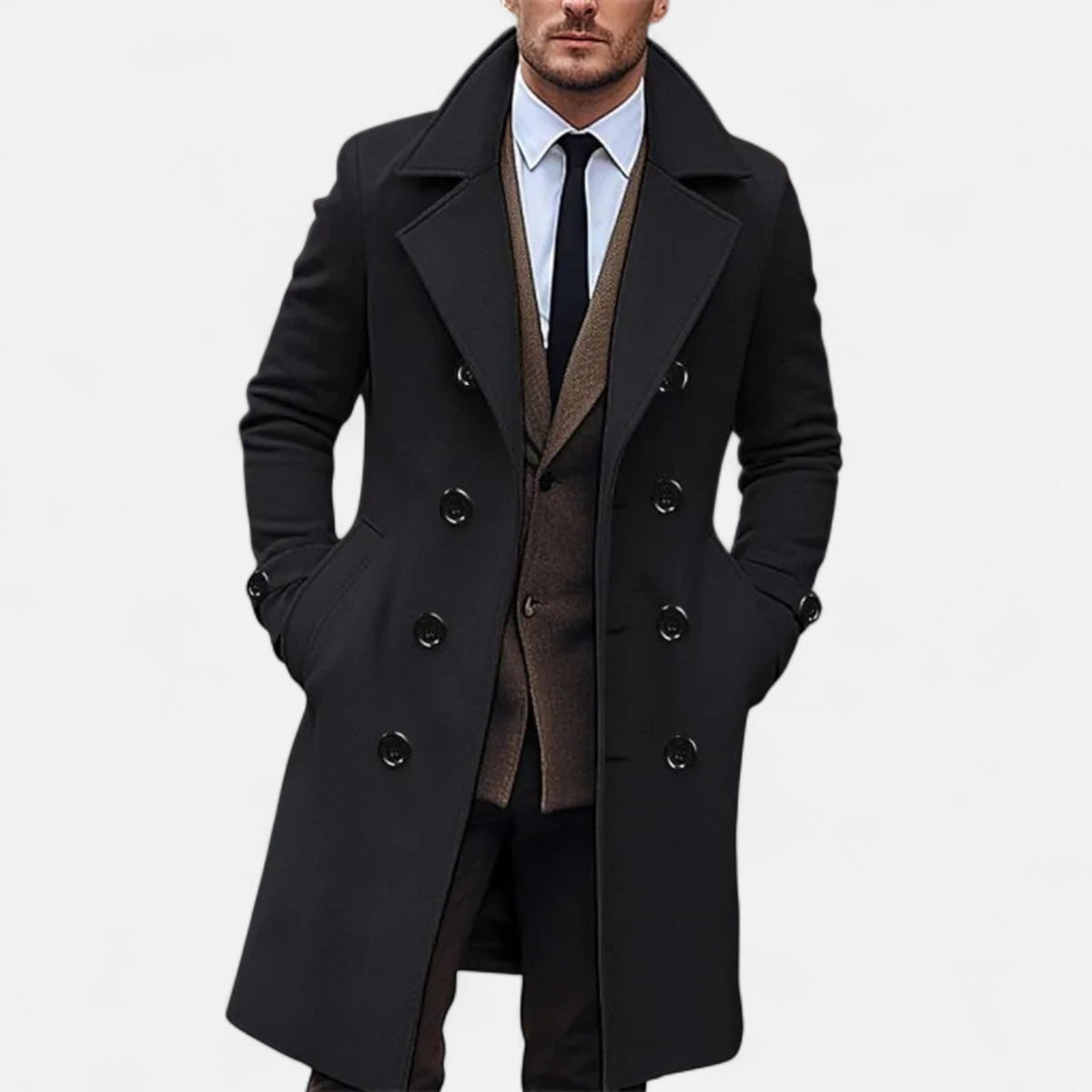 Men's Long Overcoat Double-Breasted Classic Elegance — Black