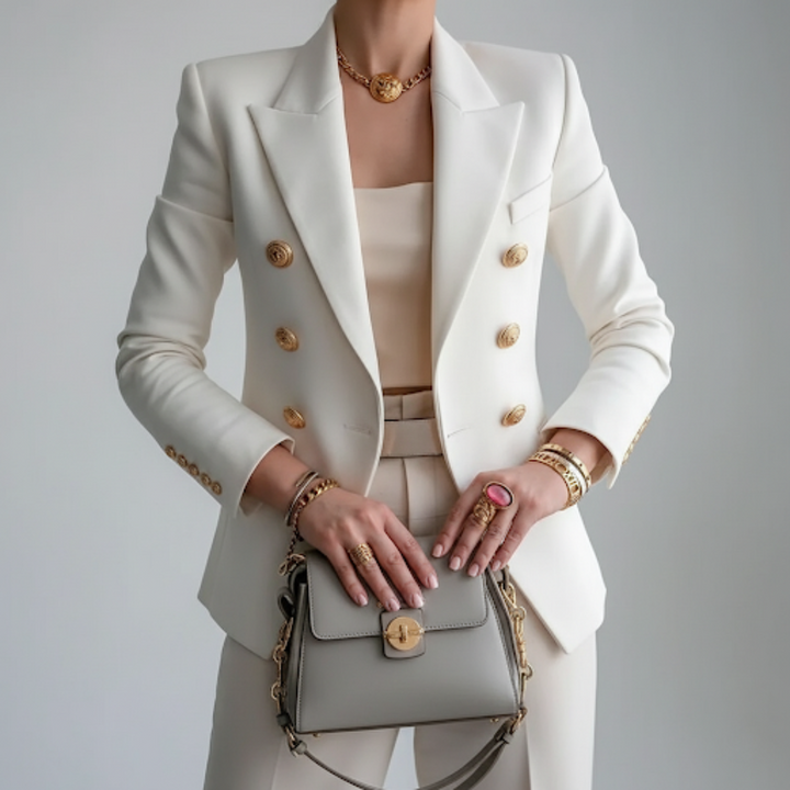 Women's Double-Breasted Blazer – Notched Collar and Long Sleeves — White